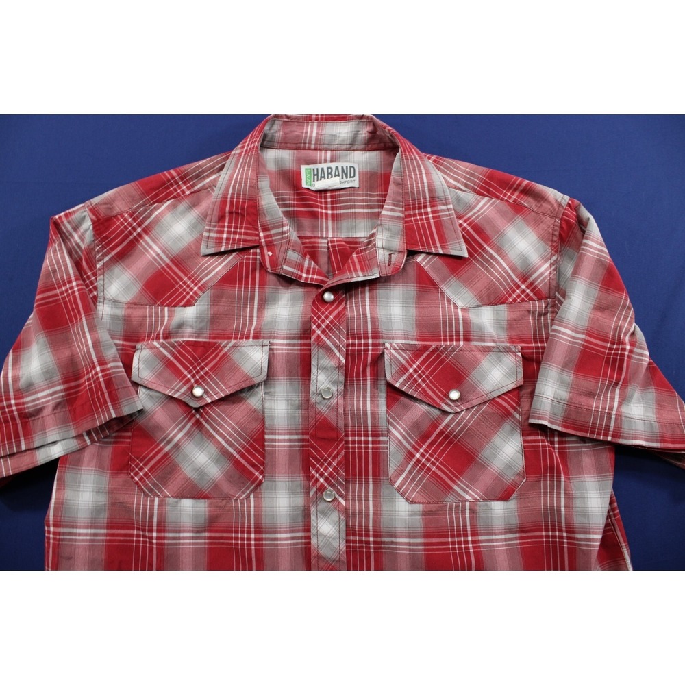Haband Pearl Snap Western Shirt Plaid Short Sleeve Ranch Cowboy Medium Red